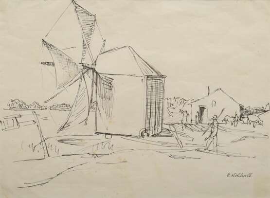 Wohlwill, Gretchen (1878-1962) „Dorf mit Windmühle“ (Portugal), Tinte, u.r. sign., 23x31,7cm (m.R. 40,5x48,3cm), leicht fleckig - фото 1