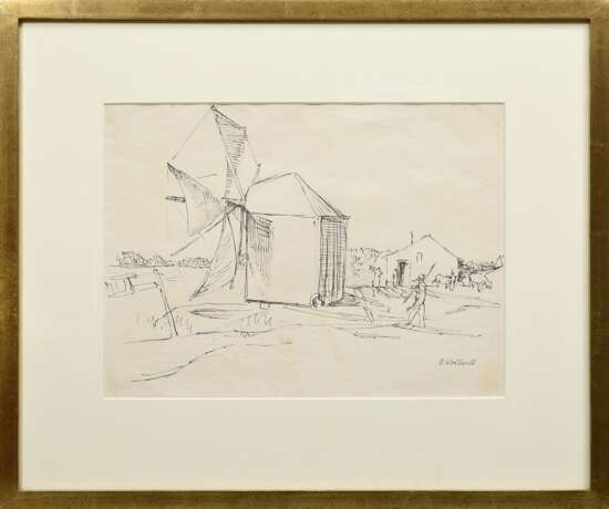 Wohlwill, Gretchen (1878-1962) „Dorf mit Windmühle“ (Portugal), Tinte, u.r. sign., 23x31,7cm (m.R. 40,5x48,3cm), leicht fleckig - Foto 2