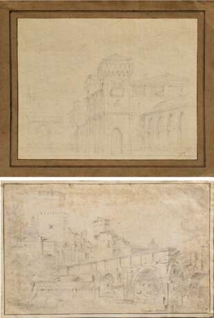 2 Sanquirico, Alessandro (1777-1849) "Mailand" und "Italienische Stadt", Bleistift auf Papier kaschiert, 1x sign., 1x verso bez., 23x29,5/24,8x39,8cm (29x35,5/26,5x41,5cm), fleckig, kleine Defekte, re… - фото 1