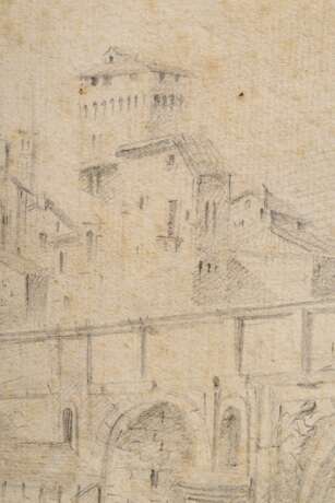 2 Sanquirico, Alessandro (1777-1849) "Mailand" und "Italienische Stadt", Bleistift auf Papier kaschiert, 1x sign., 1x verso bez., 23x29,5/24,8x39,8cm (29x35,5/26,5x41,5cm), fleckig, kleine Defekte, re… - фото 2