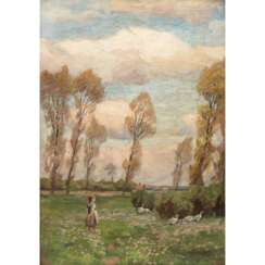 LUCAS, WILHELM (1884-1918) "Gänsemagd auf Blumenwiese"