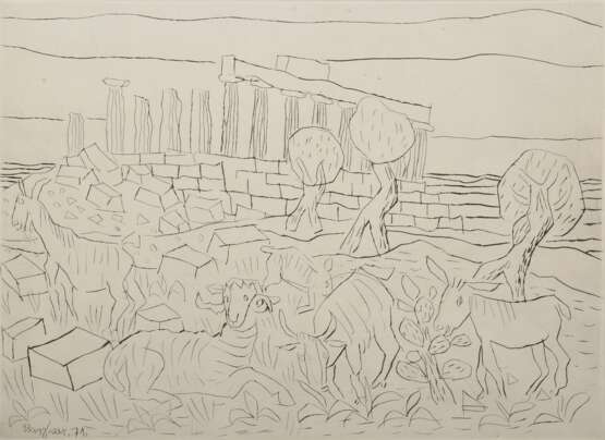 Bargheer, Eduard (1901-1979) "Concordia Tempel in Agrigent" 1971, Radierung, 59/100, u. sign./num., i.d. Platte sign./dat., PM 30,6x43cm, BM 42x53,5cm, am Rand min. fleckig - фото 1