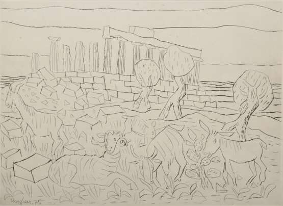 Bargheer, Eduard (1901-1979) "Concordia Tempel in Agrigent" 1971, Radierung, 59/100, u. sign./num., i.d. Platte sign./dat., PM 30,6x43cm, BM 42x53,5cm, am Rand min. fleckig - photo 1