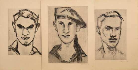 3 Bargheer, Eduard (1901-1979) "Herren-Portraits" (2 Matrosen und Selbst?) 1931/1934/1935, Radierungen, u.r. sign./dat., PM 35x27,5/38x24,5/42,8x29,7cm, BM je ca. 52x40cm, vergilbt, kleine Defekte - Foto 1
