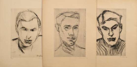 3 Bargheer, Eduard (1901-1979) "Herren-Portraits" (1x Selbst?) 1932/1934, Radierungen, 8/20, u.r. je sign./2x dat./1x num., 1x i.d. Platte sign., PM 37,5x24,5/38x24,5/38,5x24,8cm, BM je ca. 52x41cm, vergilbt, 1… - photo 1