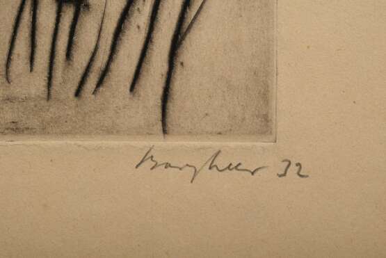 3 Bargheer, Eduard (1901-1979) "Herren-Portraits" (1x Selbst?) 1932/1934, Radierungen, 8/20, u.r. je sign./2x dat./1x num., 1x i.d. Platte sign., PM 37,5x24,5/38x24,5/38,5x24,8cm, BM je ca. 52x41cm, vergilbt, 1… - фото 7