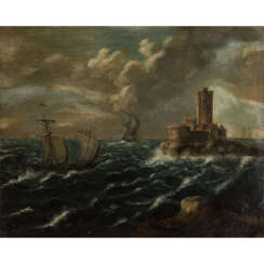 KUHLMAN, C. (Kuhlmann, Maler 19. Jahrhundert), "Segelschiffe vor einer Insel mit Fort",
