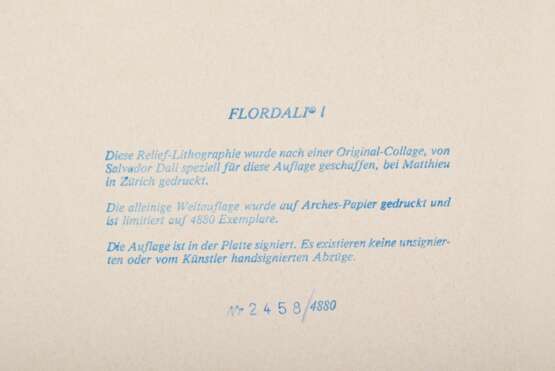 Dalí, Salvador (1904-1989) "Flordali I" 1981, Farblithographie mit Reliefprägung, 2458/4480, u.r. i.d. Platte sign., verso num./bez., Druck Matthieu/Zürich, 70x100cm (m.R. 104x129cm), leicht vergilbt - фото 4