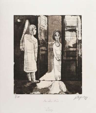 Gotsch, Friedrich Karl (1900-1984) "An der Tür", Radierung, 9/20, u. sign./betit./num., PM 24,8x21,6cm, BM 36x30,8cm - photo 2