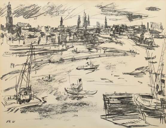 Kokoschka, Oskar (1886-1980) „Hamburger Hafen“ 1961, Lithographie, u.l. i. Stein monogr./dat., 47x61cm (m.R. 66,5x79cm), leicht vergilbt - фото 1