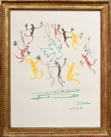Picasso, Pablo (1881-1973) "La ronde de la jeunesse" 1961, Farblithographie, i. Druck sign./dat., Trockenstempel "Editions Combat pour la paix / S.P.A.D.E.M. Paris", verso bez. und Klebeetikett "… - photo 2