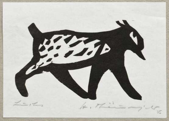2 Theuerjahr, Heinz (1913-1991) "Luchs" 1974 und "Ziehender Gepard" 1950, Holzschnitte, zusammen auf Papier montiert, je u. sign. (1x "Heinz")/1x gewidmet, WVZ 66/219, BM 9,8x14,7-10,5x15cm … - Foto 2
