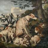 Lerpinière, Daniel (c.1745-1785) "Portraits of Dogs", color. Kupferstich, nach Jan Fyt (1611-1661), in heller Leiste mit Goldschlips, 48,5x61,5cm (m.R. 64x76cm), Altersspuren - photo 1