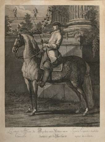 Ridinger, Johann Elias (1698-1767) „Die Postur eines Reuters wie er zierlich u: gut zu Pferd size soll“, Kupferstich, u. i.d. Platte sign., u. auf frz./dt./lat. bez., 55,5x40,7cm (m.R. 73x53cm), fleckig - фото 1