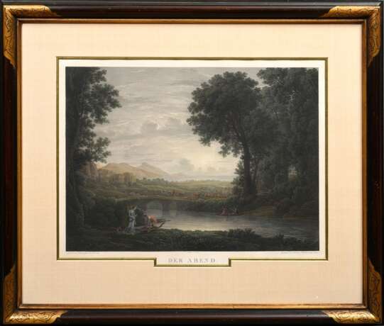 Haldenwang, Christian (1770-1831) "Der Abend" 1825, nach Claude Lorrain, color. Kupferstich, u. betit./bez., posthumer Abzug (Druck Otto Felsing), PM 40,8x58cm (m.R. 72,5x88cm) - photo 2