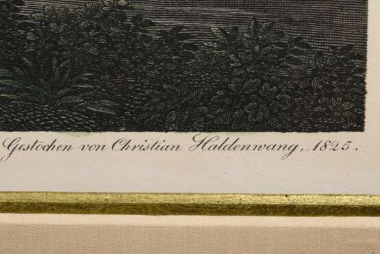 Haldenwang, Christian (1770-1831) "Der Abend" 1825, nach Claude Lorrain, color. Kupferstich, u. betit./bez., posthumer Abzug (Druck Otto Felsing), PM 40,8x58cm (m.R. 72,5x88cm) - photo 3