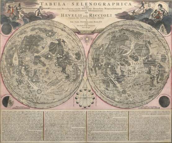 Homann, Johann Baptist (1664-1724) Mondkarte „Tabula Selenographica in qua Lunarium Macularum exacta Descriptio secundum Nomenclaturam Praestantissimorum Astronomorum tam Hevelii quam Riccioli...“, color. Kupferstich, u.… - Foto 1