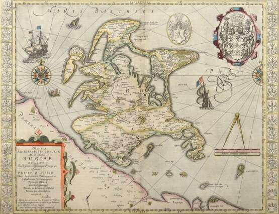 Hondius, Joducus I (1563-1611) "Nova Famigerabilis Insulae ac ducatus Rugiae..." (Rügen, Hiddensee und Ostseeküste), colorierter Kupferstich, 38,5x50cm (m.R. 61,3x71cm), schwache Mittelfalz, leichte Altersspure… - Foto 1