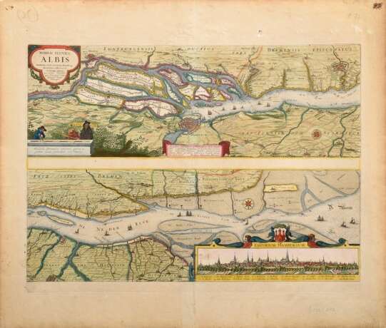 Visscher, Nicolaus (1618-1709) "Nobilis Fluvius Albis..." (Flußlauf der Elbe von Hamburg bis zur Nordsee, mit kleinem Hamburg Panorama), color. Kupferstich, PM 40,8x52,4cm, BM 51,8x60,5cm, Mittelfalz, Defekte - photo 1