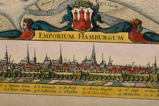 Visscher, Nicolaus (1618-1709) "Nobilis Fluvius Albis..." (Flußlauf der Elbe von Hamburg bis zur Nordsee, mit kleinem Hamburg Panorama), color. Kupferstich, PM 40,8x52,4cm, BM 51,8x60,5cm, Mittelfalz, Defekte - фото 3