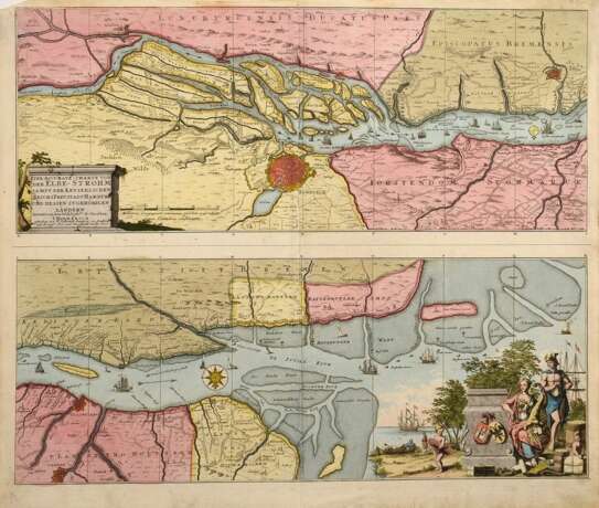 Schenk, Pieter II (1693-1775) "Eine Accurate Charte von der Elbe-Strohm..." (Unterelbe von Geesthacht bis zur Nordsee), color. Kupferstich, nach Johann Himmerich, verso Slg.-Stempel "Hamburgensien-Meyer&qu… - фото 1