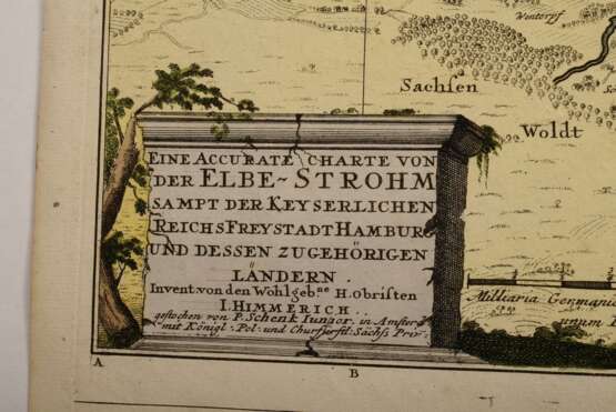 Schenk, Pieter II (1693-1775) "Eine Accurate Charte von der Elbe-Strohm..." (Unterelbe von Geesthacht bis zur Nordsee), color. Kupferstich, nach Johann Himmerich, verso Slg.-Stempel "Hamburgensien-Meyer&qu… - Foto 2