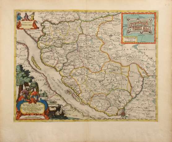 Mejer, Johannes (1606-1674) "Comitatus Pinnen Berg" (Pinneberg und Grundrissplan Krempe), color. Kupferstich, gestochen von Andreas Lorenz (Rotgießer), verso frz. beschriftet, PM 42,5x55cm, BM 54,7x65,3cm, schw… - photo 2