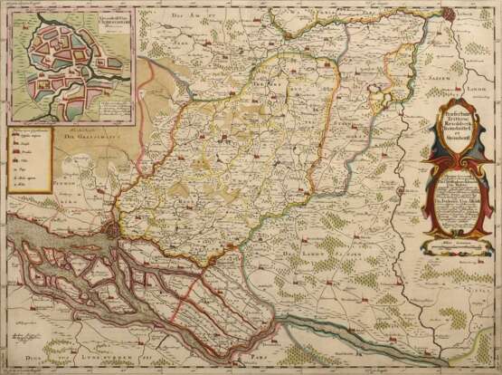 Mejer, Johannes (1606-1674) "Praefecturae Trittow, Reinbeeck, Tremsbüttel et Steinhorst" (Trittau, Reinbeck, Tremsbüttel und Steinhorst), color. Kupferstich, gestochen von Andreas Lorenz (Rotgießer), verso frz.… - Foto 1