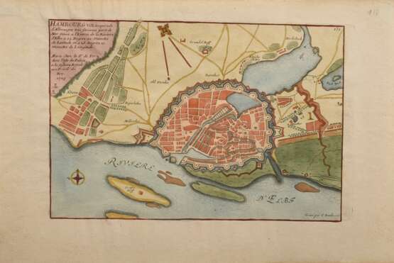 Inselin, Charles (c.1673-c.1725) "Hambourg, Ville Imperiale d'Allemagne" nach Nicolas de Fer, Paris 1705, color. Kupferstich, u.r. i.d. Platte sign., (1646-1720), im Passepartout montiert, PM 29,3x19,3cm, BM 26… - Foto 1