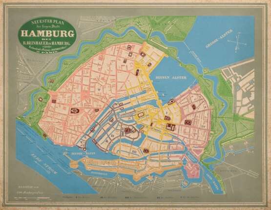 Unbekannter Künstler des 19.Jh. "Neuester Plan der freyen Stadt Hamburg" um 1840, color. und geprägte Lithographie, Druck Bauerkeller & Cie/ Paris, im Passepartout montiert, verso Slg.-Stempel u.a. "Ha… - фото 1