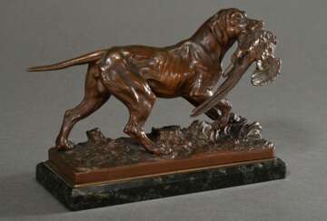 Lecourtier, Prosper (1855-1924) &quot;Jagdhund einen Fasan apportierend&quot;, Bronze auf Marmor Sockel, 14x19x7,5cm