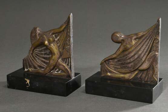 Paar Messing Art Deco Buchstützen „Tänzerinnen“ auf schwarzem Marmorsockel, je sign. "Kovars z", num. 8183/8184, am Boden bez. "France", 17,4/19,9x15x7,5cm, Sockel best., durchgeputzt - Foto 3