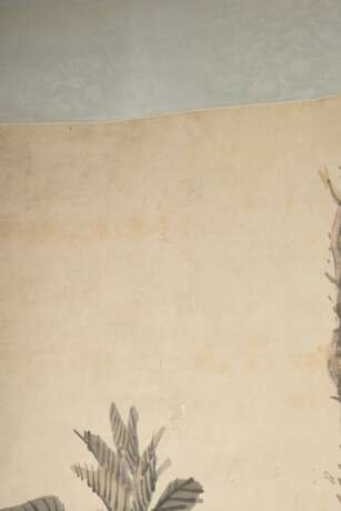 Chinesisches Rollbild "Vogel und Baum mit orangen Früchten", farbige Tusche auf Papier auf Seide montiert, Siegel, wohl 19.Jh., 208x58cm - Foto 5