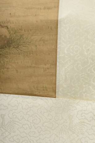 Chinesisches Rollbild "Vier Damen mit Blumenkörben in Landschaft", farbige Tusche auf Papier auf Seide montiert, rechts Inschrift und Siegel, 19.Jh., 110x29,5cm, Knicke - Foto 6
