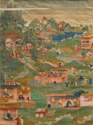 Thangka „Buddhistische Legenden“, sehr feine detaillierte Darstellung aus der Vogelperspektive, Aquarell/Mischtechnik/Papier auf Hartfaserplatte aufgezogen mit Passepartout, Tibet 18./19. Jh., 80x59/120x82,5cm
