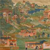 Thangka „Buddhistische Legenden“, sehr feine detaillierte Darstellung aus der Vogelperspektive, Aquarell/Mischtechnik/Papier auf Hartfaserplatte aufgezogen mit Passepartout, Tibet 18./19. Jh., 80x59/120x82,5cm - фото 1