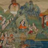 Thangka „Buddhistische Legenden“, sehr feine detaillierte Darstellung aus der Vogelperspektive, Aquarell/Mischtechnik/Papier auf Hartfaserplatte aufgezogen mit Passepartout, Tibet 18./19. Jh., 80x59/120x82,5cm - photo 8