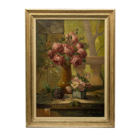 DOMAN / DAMAN, E. ? (undeutlich signiert; französ. Maler/in 19./20. Jahrhundert), "Stillleben mit Rosen und Veilchen", - photo 2