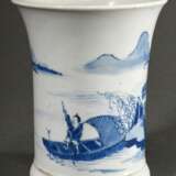 Kleiner Porzellan Pinselbecher mit Blaumalerei Dekor "Seelandschaft mit Fischer im Boot", Boden mit 6 Zeichen Chenghua Marke im Doppelring, China, H. 13,5cm, Ø 11cm - Foto 2