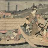 Kitagawa Utamaro (1750-1806) Triptychon "Sommerfeuerwerk an der Ryôkoku Brücke", Farbholzschnitte, sign. Utamaro hitsu, 35x69cm (m.R. 49,5x84cm), verblasst, min. fleckig - photo 1