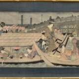 Kitagawa Utamaro (1750-1806) Triptychon "Sommerfeuerwerk an der Ryôkoku Brücke", Farbholzschnitte, sign. Utamaro hitsu, 35x69cm (m.R. 49,5x84cm), verblasst, min. fleckig - Foto 2