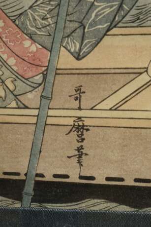 Kitagawa Utamaro (1750-1806) Triptychon "Sommerfeuerwerk an der Ryôkoku Brücke", Farbholzschnitte, sign. Utamaro hitsu, 35x69cm (m.R. 49,5x84cm), verblasst, min. fleckig - photo 3