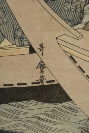 Kitagawa Utamaro (1750-1806) Triptychon "Sommerfeuerwerk an der Ryôkoku Brücke", Farbholzschnitte, sign. Utamaro hitsu, 35x69cm (m.R. 49,5x84cm), verblasst, min. fleckig - photo 4