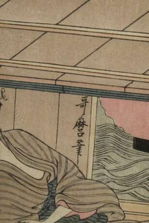 Kitagawa Utamaro (1750-1806) Triptychon "Sommerfeuerwerk an der Ryôkoku Brücke", Farbholzschnitte, sign. Utamaro hitsu, 35x69cm (m.R. 49,5x84cm), verblasst, min. fleckig - Foto 5