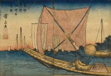 Keisai Eisen (1790-1848) &quot;Tsukuda oki no shiranauo-tori&quot; (Fischen nach Jungfischen in der Bucht bei Tsukuda) um 1830, Farbholzschnitt, sign. Keisai ga, aus der Serie Tôto hanagoyomi (Floraler Kalender der östli…