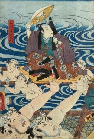 Utagawa Kunisada (1786-1864) "Miki Shigezaemon" (Der Schauspieler Kataoka Gadôaes in der Rolle des Miki Shigezaemon in dem Stück Soga Moyô Kameyama Zome) um 1855, Farbholzschnitt, linker Teil eines Triptychons,… - фото 1