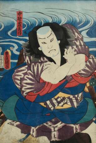 Utagawa Kunisada (1786-1864) "Naritaya Sôbei II in dem Stück Soga Moyô Kameyama Zome" um 1855, Farbholzschnitt, mittlerer Teil eines Triptychons, sign. Toyokuni ga, Verleger Ebisuya Shôshichi, 35,4x23,4cm (m.R.… - фото 1