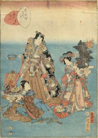 Utagawa Kunisada II (1823-1880) "Yume no ukihashi", Farbholzschnitt, aus der Serie 'Murasaki Shikibu Genji Karuta' (Kartenspiel des Genji Romans von Murasaki Shikibu), sign. Baichôrô Kunisada ga, Verleger Tsuta… - фото 1