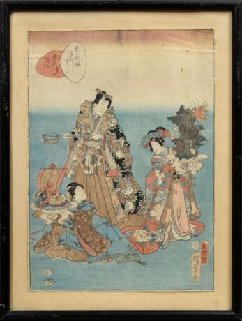 Utagawa Kunisada II (1823-1880) "Yume no ukihashi", Farbholzschnitt, aus der Serie 'Murasaki Shikibu Genji Karuta' (Kartenspiel des Genji Romans von Murasaki Shikibu), sign. Baichôrô Kunisada ga, Verleger Tsuta… - photo 2