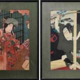 2 Diverse Farbholzschnitte: Unbekannter Künstler "Schauspieler Onoe Eizaburô in Frauenrolle" und Kunichika (1835-1900) "Schauspieler in der Rolle des Inukawa Sôsuke", aus der Serie 'Mitate Hakkenshi n… - photo 1
